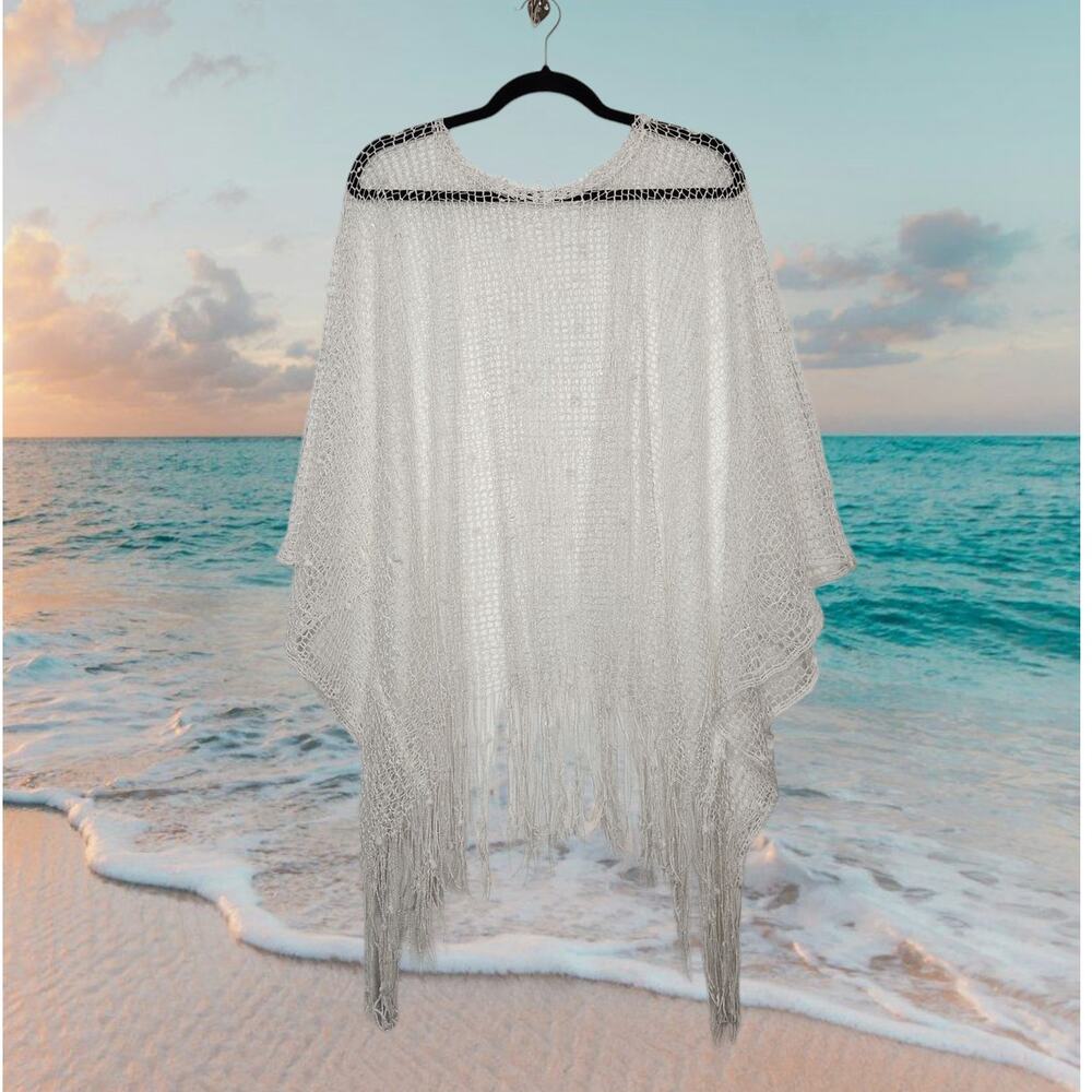 Vintage y2k Mermaid Sequin White Crochet Lace Beach Swimsuit Cover Top One Size